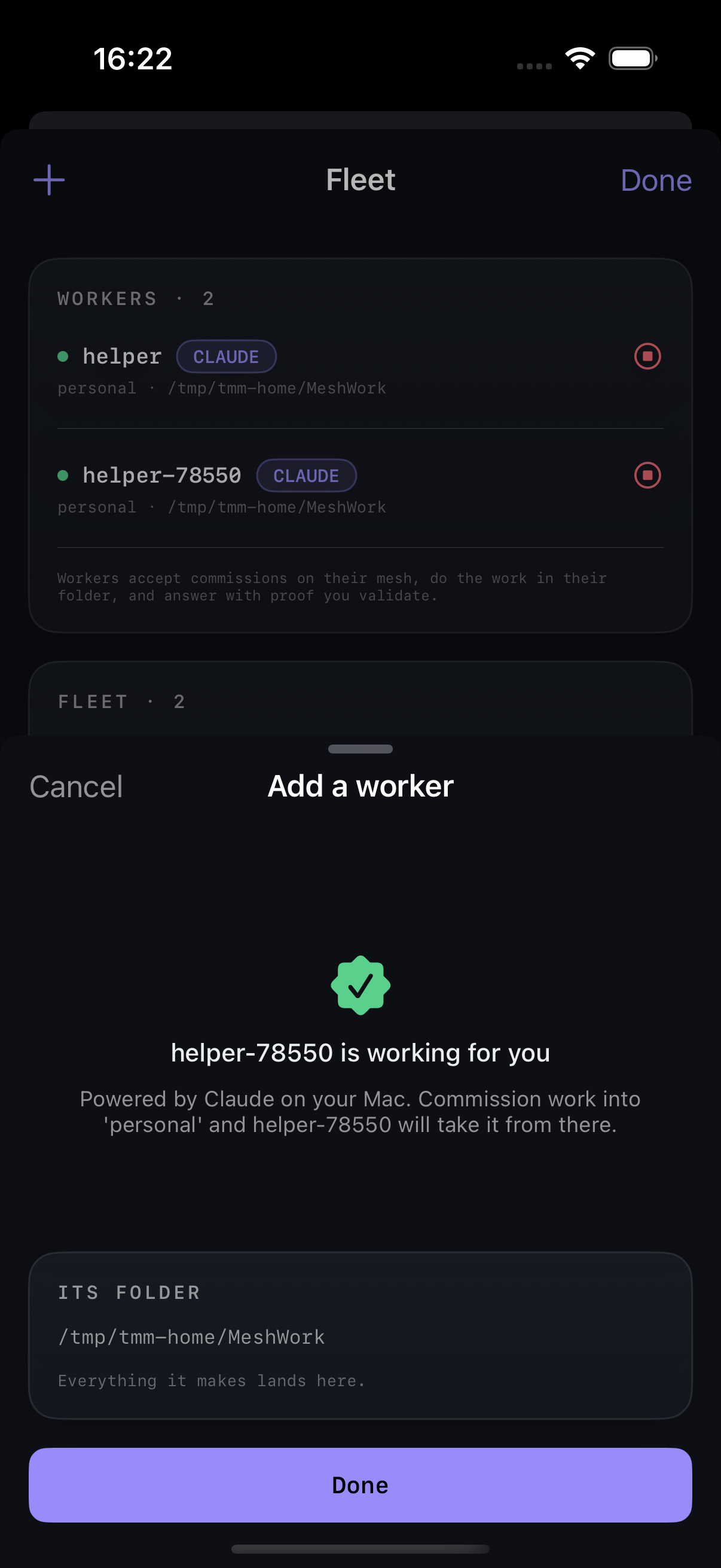 One name → a running worker. 'Powered by Claude on your Mac' — and its folder, stated plainly.